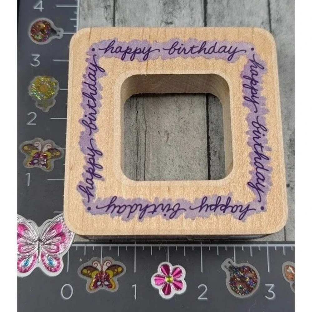 Stampendous Happy Birthday Frame QN004 Script Rubber Stamp Wood #H18